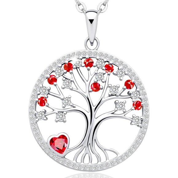 Women's Red Sterling Pendant Charm Adjustable Chain Birthstone Tree Necklace - Picture 1 of 6